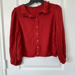 Copper Key Rise Orange Ruffle Collar Botton Down Cropped Longsleeve Blouse